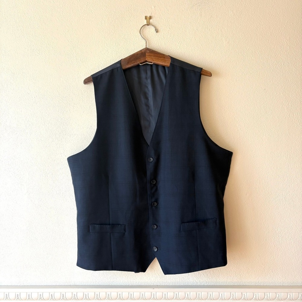 Awearness Kenneth Cole Men's Navy Plaid Wool Blend Suit Vest 46 X-Long 40 Waist